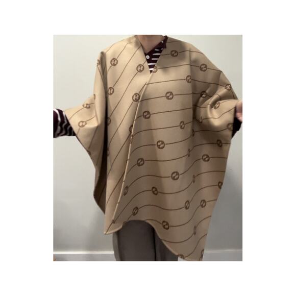 Gucci Interlocking G Striped Wool Poncho Cape Shawl Wrap – Brown Logo - Picture 2 of 8